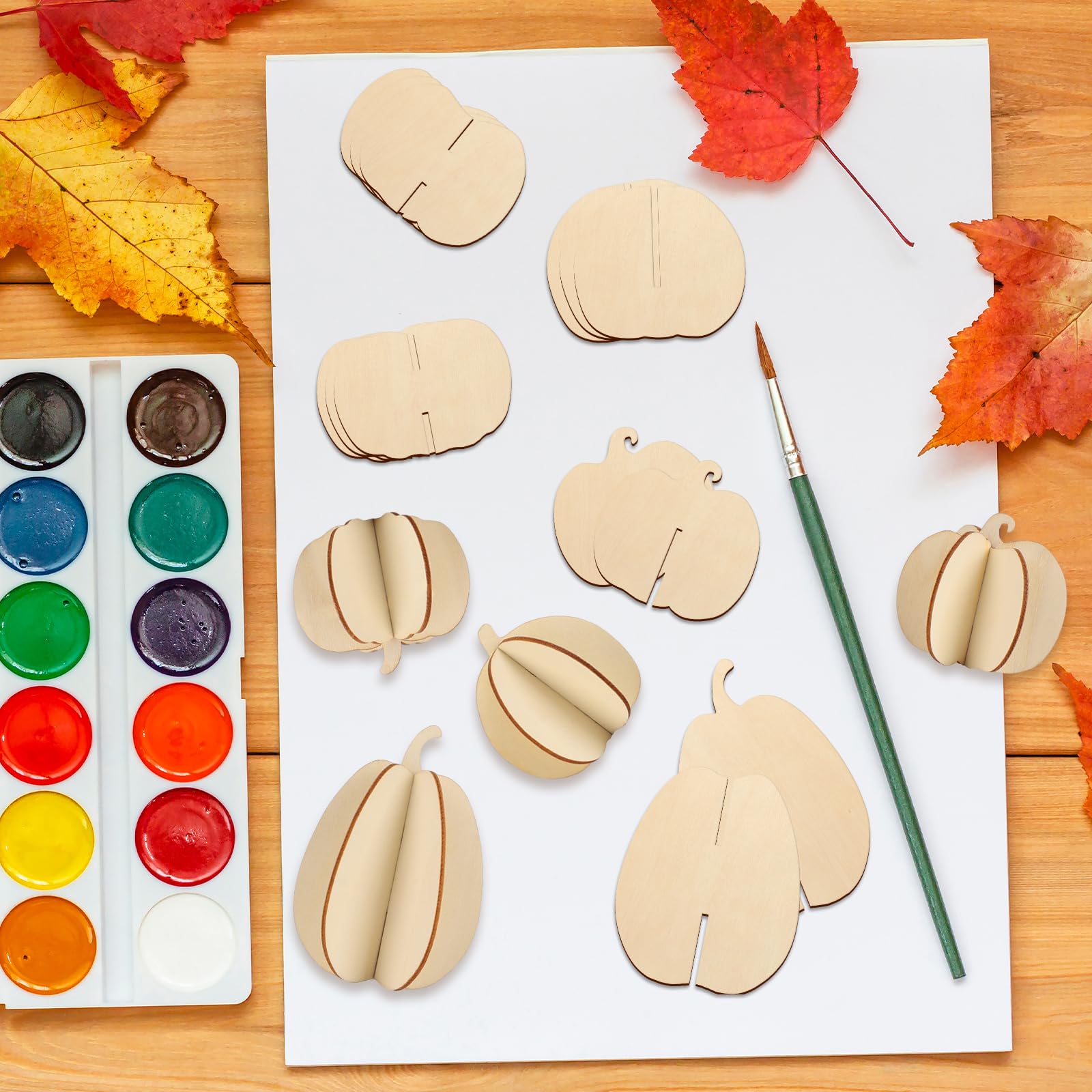 COCHIE DIY 3D Pumpkin Fall Wood Crafts to Paint for Kids Adults, Paintable Unfinished Wooden Slices for Craft, Autumn Pumpkins Cutouts Ornaments for Painting Decorations (24 PCS)