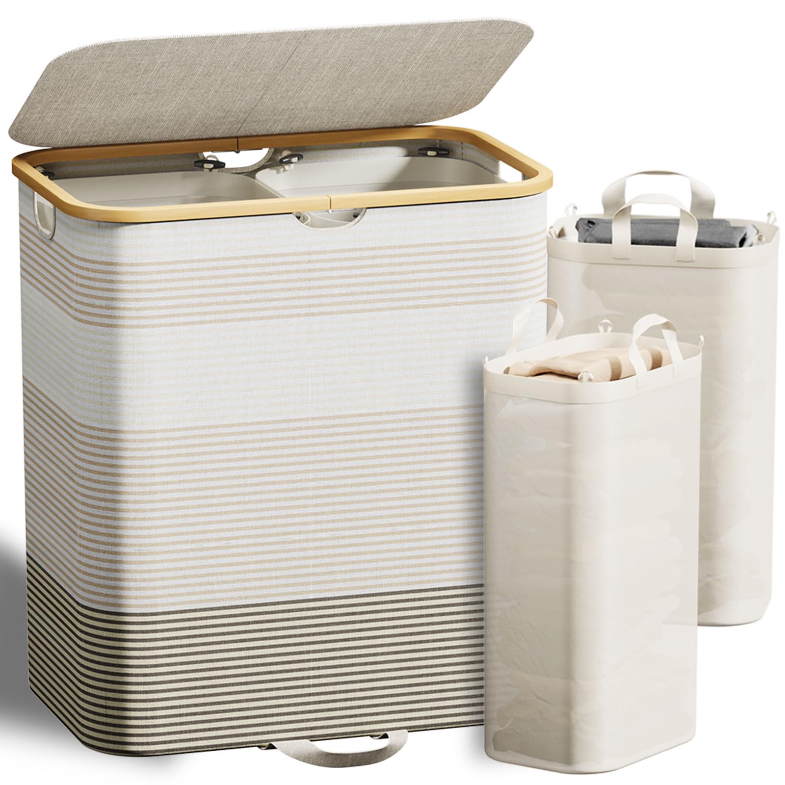 XLHOMO Double Laundry Hamper with Lid and Removable Bags, 150L Large Collapsible 2 Dividers Dirty Clothes Basket with Handles, Beige Double Laundry Basket Organizer for Bedroom,Laundry Room,College