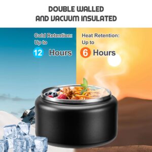 BOSEDSANG 13.5oz Soup Thermo for Hot Food Kids with Buckle Lid Insulated Vacuum Food Jar Wide Mouth Leakproof Stainless Steel Lunch Container (Black)