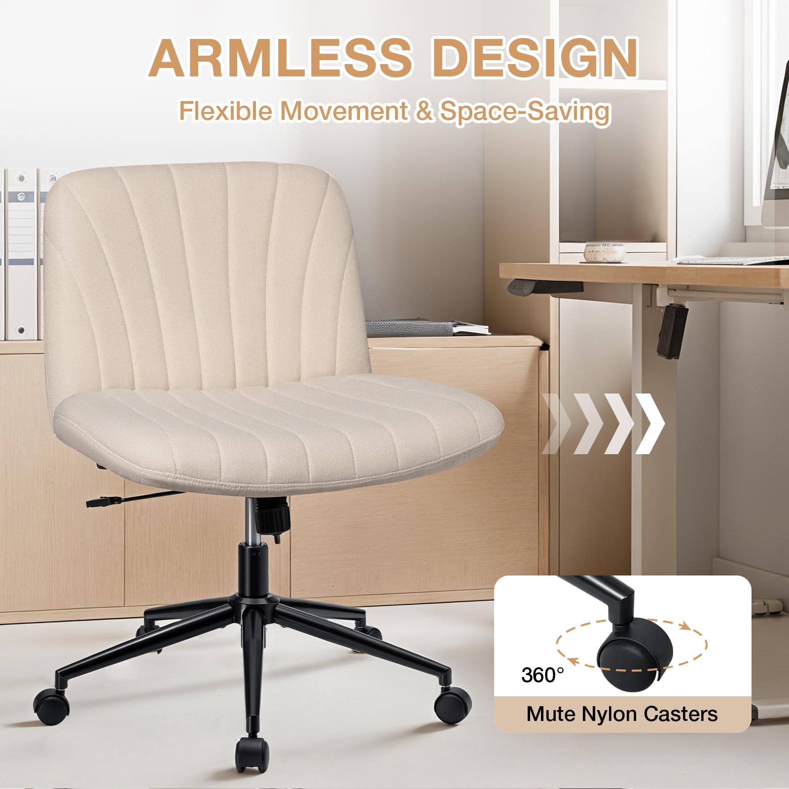 HOFFREE Criss Cross Chair Cross Legged Office Chair with Wheels Armless Chair Home Office Chair Ergonomic for Desk Fabric Beige