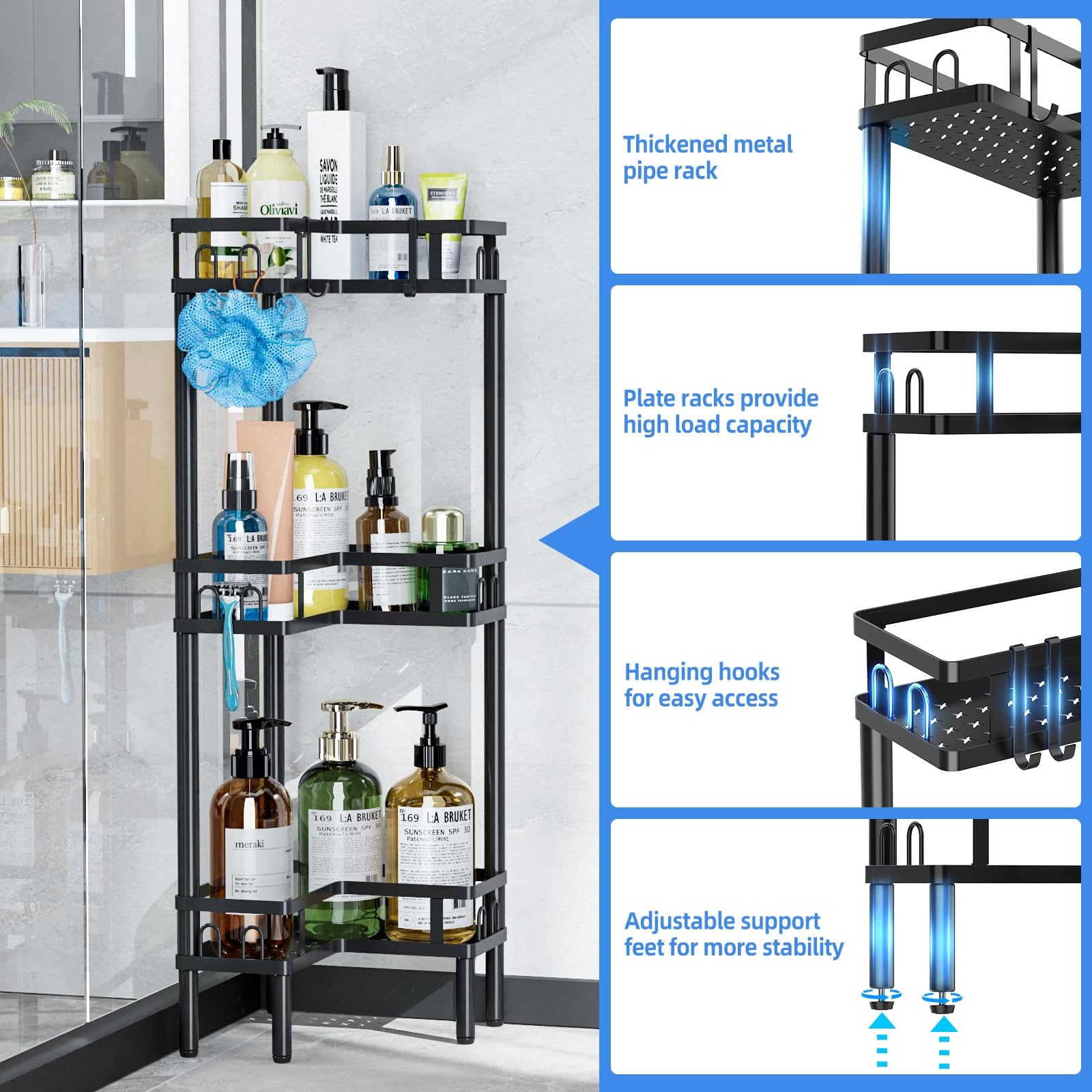 Kufutee Standing Shower Caddy Corner, 3 Tier Stainless Steel Shower Organizer Stand with Sturdy Metal Plate, Rustproof Bathroom Corner Shelf Floor Shower Stand