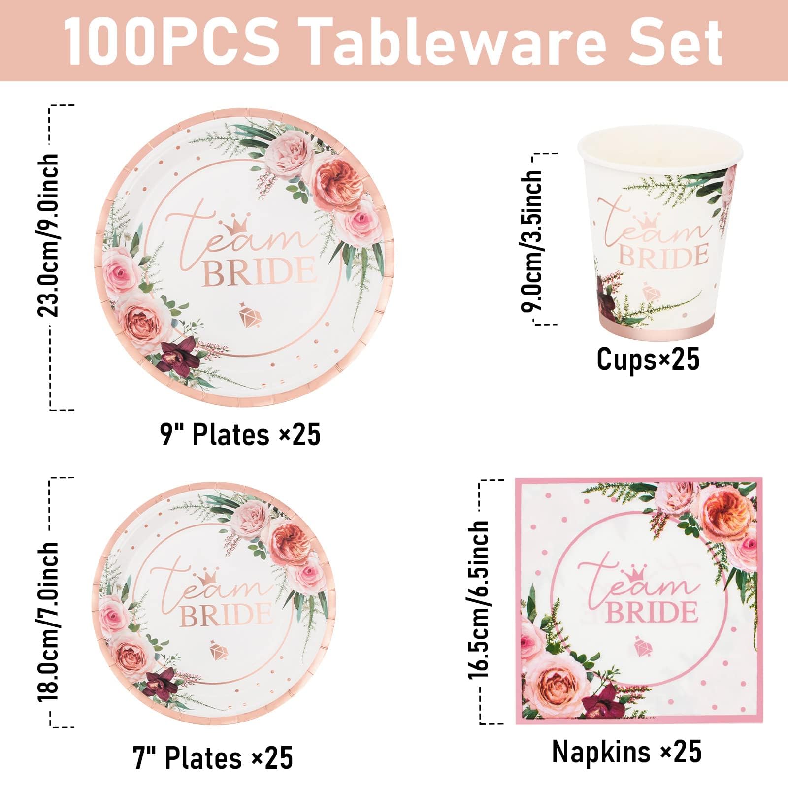 Qiaozeng 100Pcs Team Bridal Shower Party Supplies Bachelorette Paper Plates Napkins Cups Disposable Tableware Set, Bride Favors Decor for Engagement Wedding Bachelorette Party Serve 25 Guests