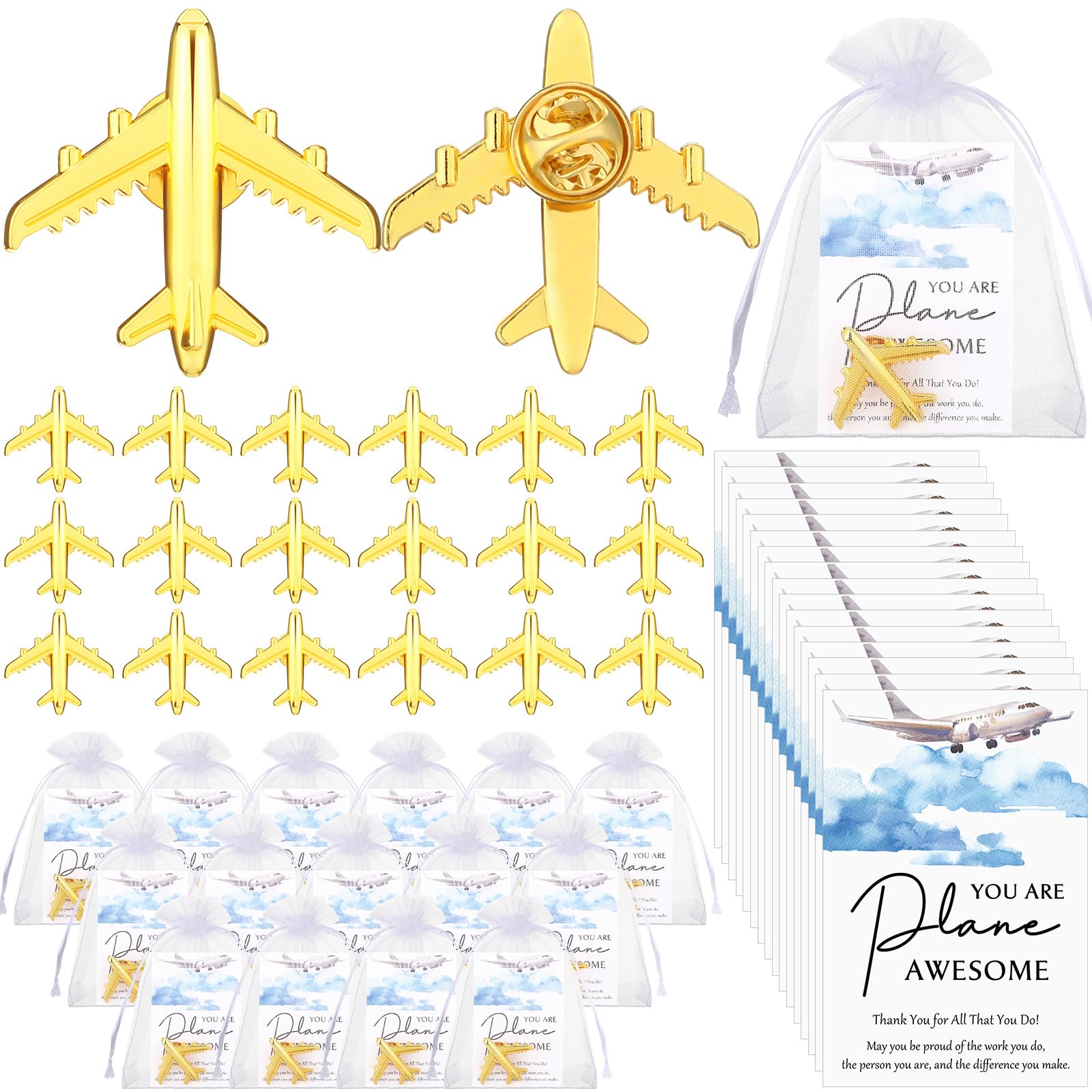 Tondiamo 36 Sets Flight Attendant Appreciation Gifts Airplane Lapel Pins with Thank You Cards for Travel Adventure Party Favor Christmas Gift