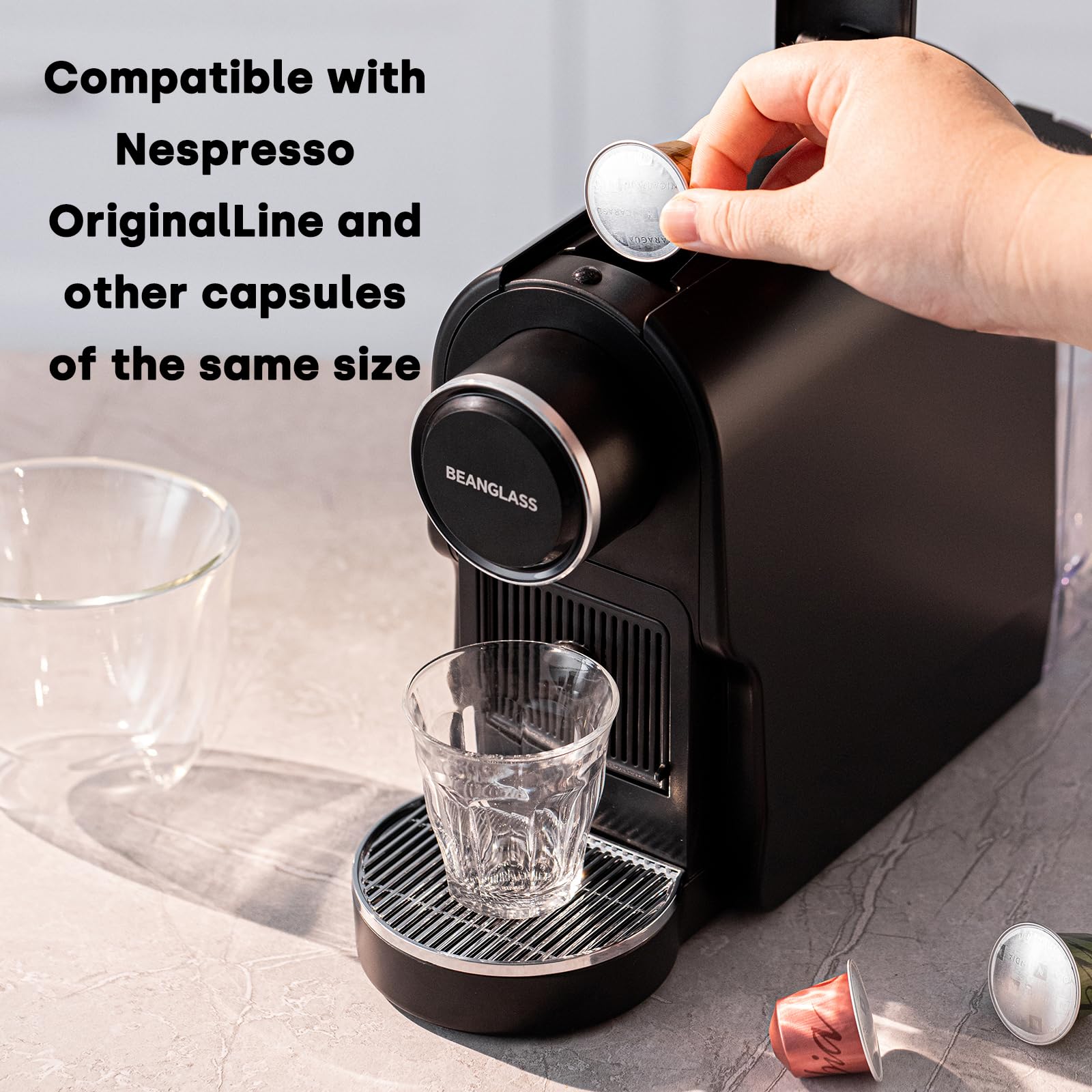 beanglass Espresso Pod Machine Compatible with NS Original Capsules, 20 Bar Compact Coffee Maker with Removable Water Tank for Cappuccino, Latte, Black