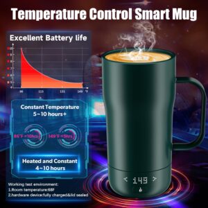 LEGARDLILIU Smart Self Heating Coffee Mug 18 Oz Temperature Control Heated Coffee Mug App Controlled Warmer Mug 5-10 Hour LED Display Keep Coffee Hot All Day Fast Wireless Charger Base Jade Green