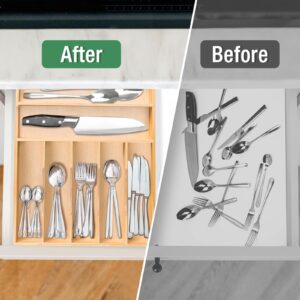 Silverware Organizer, Kitchen Drawer Organizer 13"× 17" Bamboo Drawer Organizer Utensil Holder and Cutlery Tray with Grooved Drawer Dividers for Flatware Forks Spoon, 7 Compartment Utensil Organizer