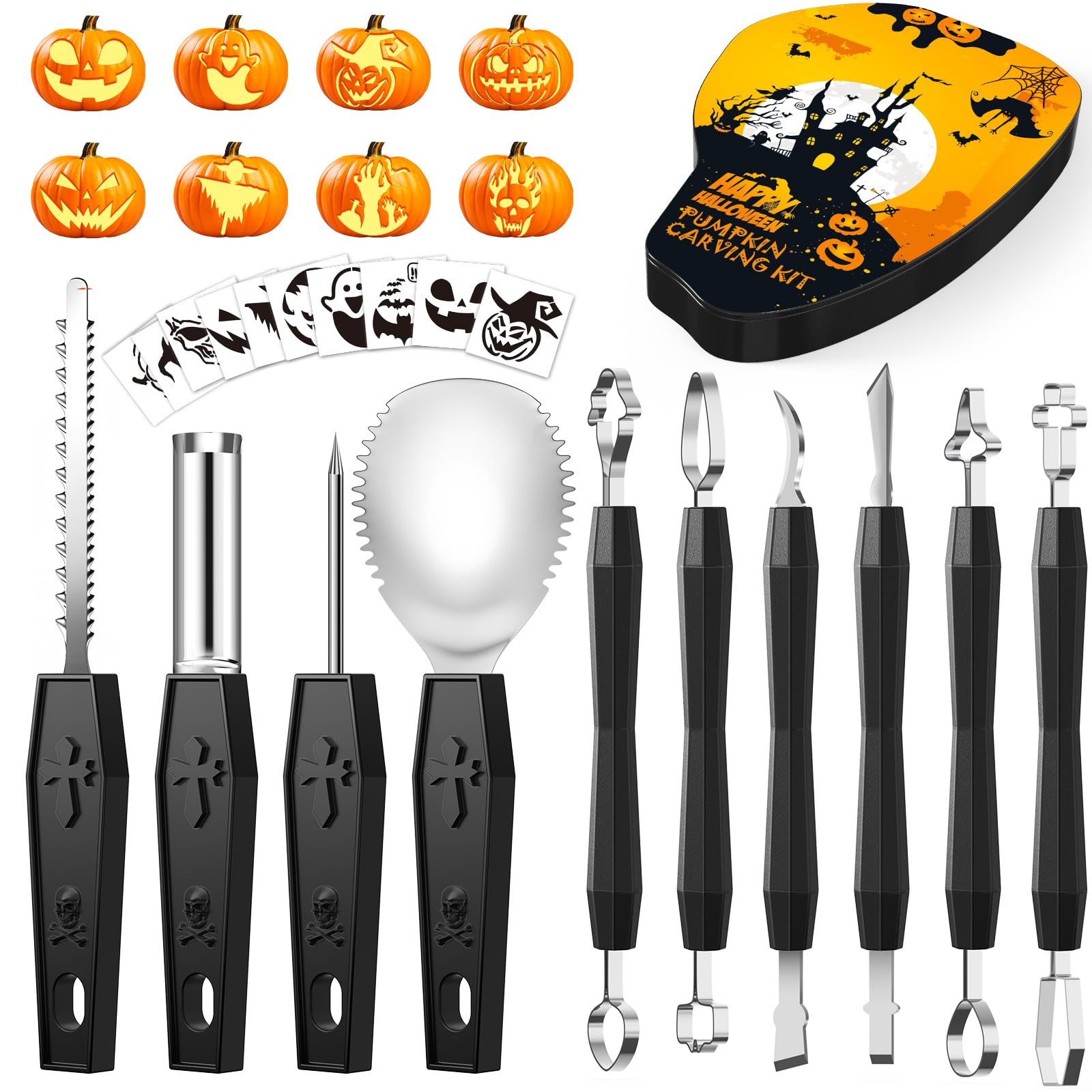 25PCS Halloween Pumpkin Carving Kit with Stencils, Pumpkin Carving Tools, Professional Pumpkin Carving Stencils for Adults, Pumpkin Carving Knife, Pumpkin Carving Set for Halloween Pumpkin Decorations