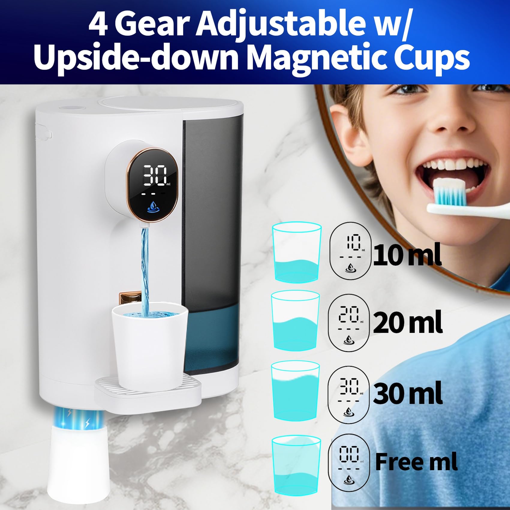 DAQVQ Automatic Mouthwash Dispenser for Bathroom, 4 Gear, 21 Oz, LED Display, Rechargeable Mouthwash Dispenser Container with Magnetic Cups Countertop/Wall Mounted Bathroom Accessories-Neatwhite