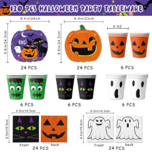 LINHAXM 120 PCS Halloween Party Supplies Halloween Pumpkin Shaped Disposable Plates Napkins Cups for Halloween Holiday Birthday Baby Shower Party Decorations