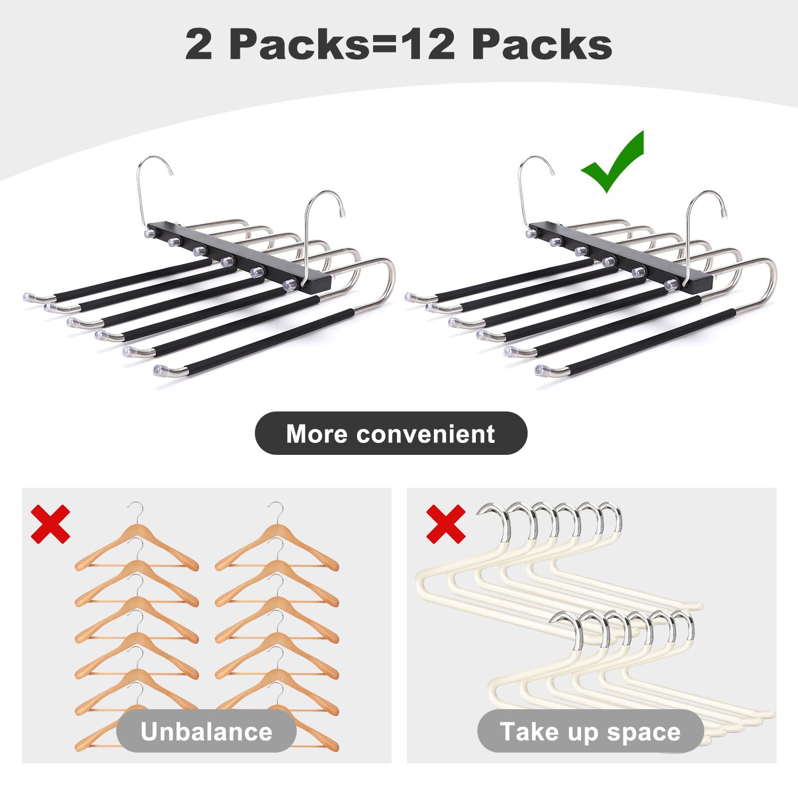 Abarackie Hangers for Clothes, Hangers Space Saving 6 Tier Pant Hangers, Hangers for Clothes for Pants Jeans Skirts Scarf Legging, Anti-Slip, Stainless Steel, 2 Packs, Black