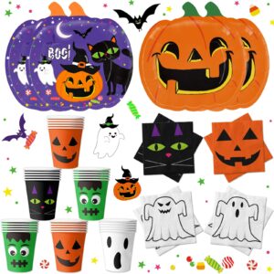 linhaxm 120 pcs halloween party supplies halloween pumpkin shaped disposable plates napkins cups for halloween holiday birthday baby shower party decorations