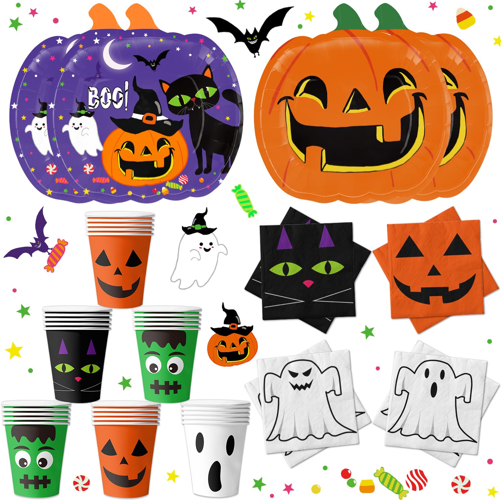 LINHAXM 120 PCS Halloween Party Supplies Halloween Pumpkin Shaped Disposable Plates Napkins Cups for Halloween Holiday Birthday Baby Shower Party Decorations