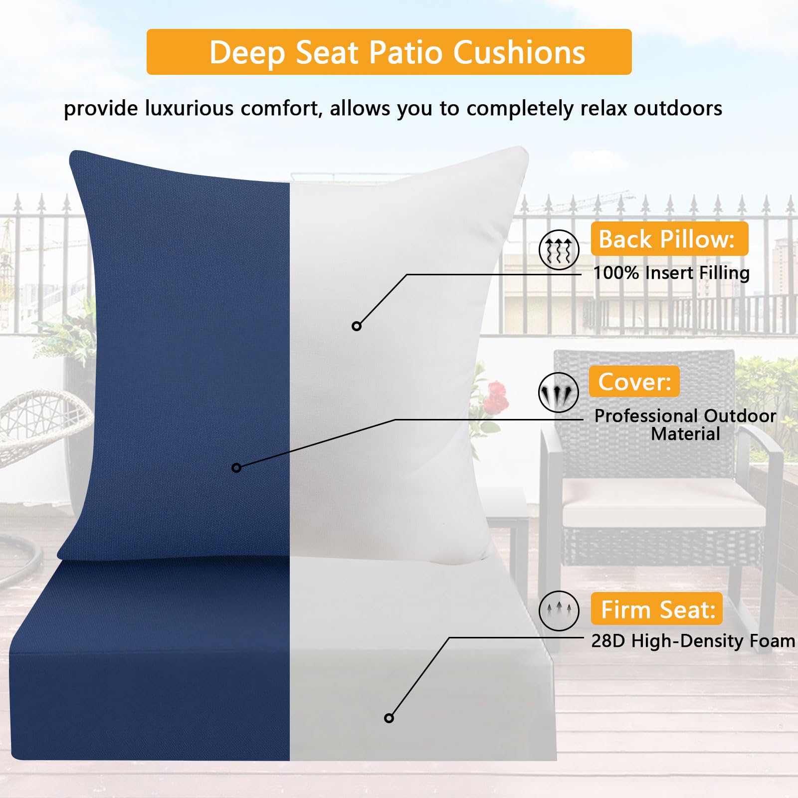 famibay Extra Thick Outdoor Chair Cushions Set of 2 Patio Chair Cushions 24x24 Deep Seat Patio Cushions Waterproof UV Resistant Firm Detachable Chair Cushions for Outdoor Furniture(Navy)