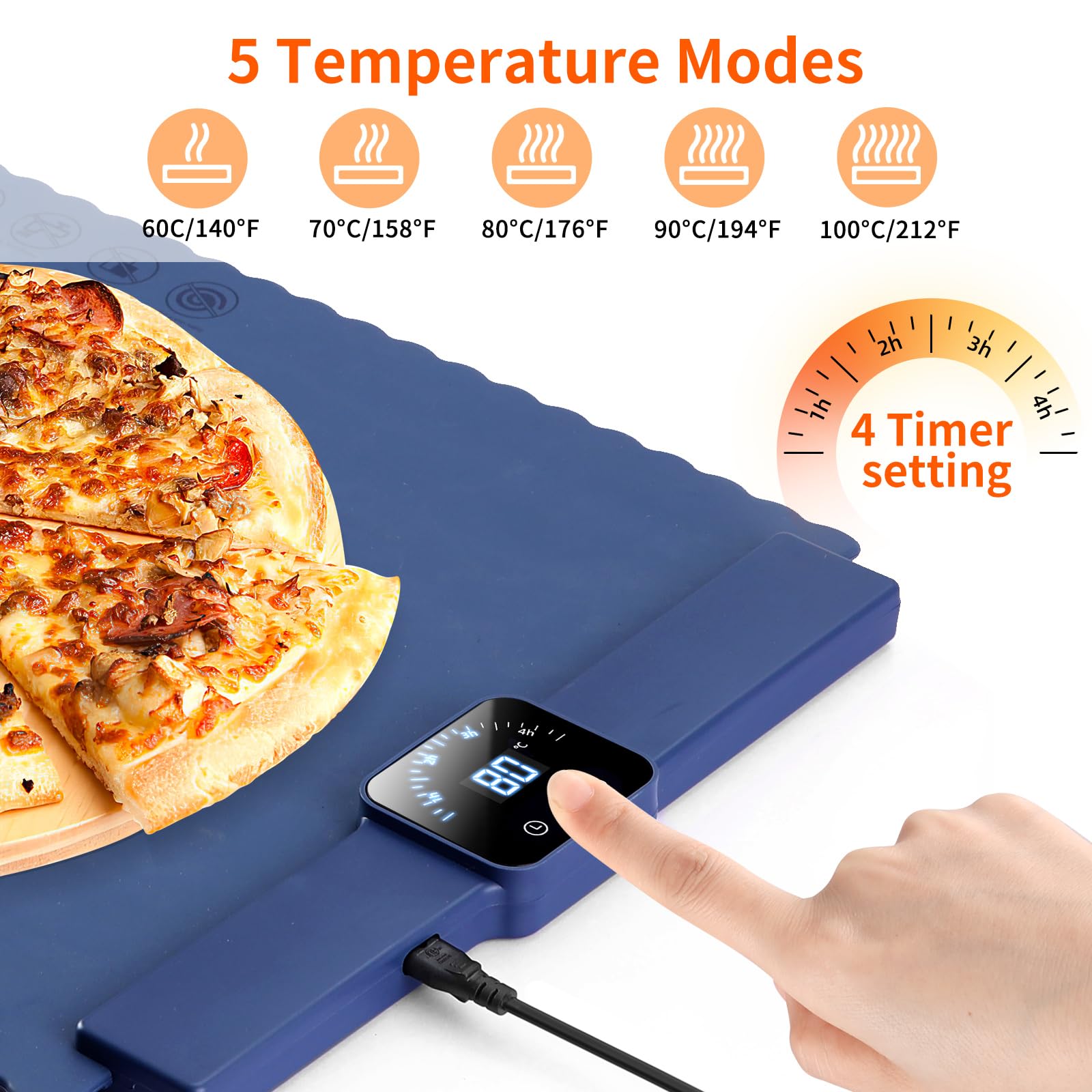 Fuloon Electric Warming Tray, Food Warmer, Silicone Mat Fast Heating, 5 Adjustable Temperature, 4 Timeable Function, Portable Foldable Roll Up Heating Pad for for Pizza, Dishes & Dinners