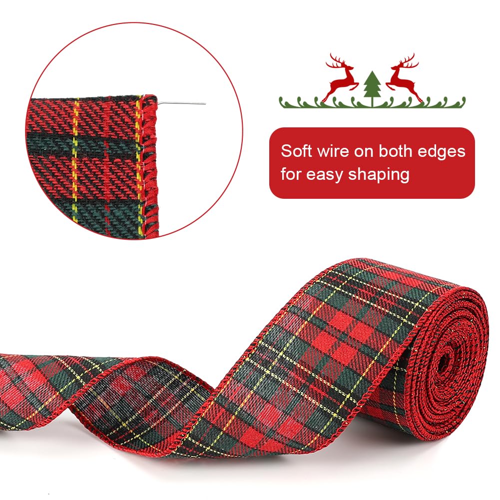 Tenn Well Buffalo Plaid Ribbon, 9.8 Yards 2.5 inch Wired Christmas Ribbon, Red and Green Plaid Ribbon for Christmas Tree, Bow Making, Wreath Making, Holiday Decorations