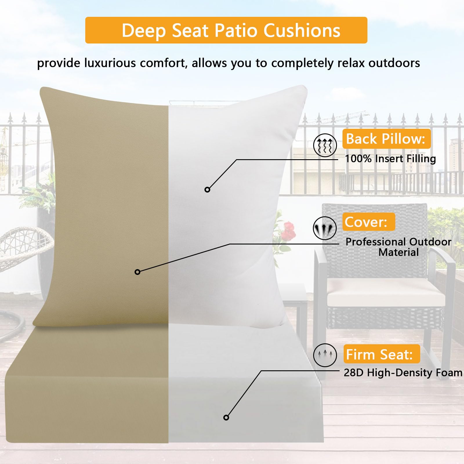 famibay Deep Seat Cushions for Outdoor Furniture, Extra Thick Patio Chair Cushions Set of 2 Outdoor Cushions for Chairs Waterproof UV Resistant Firm Chair Cushions for Outdoor Furniture(22x22 Khaki)