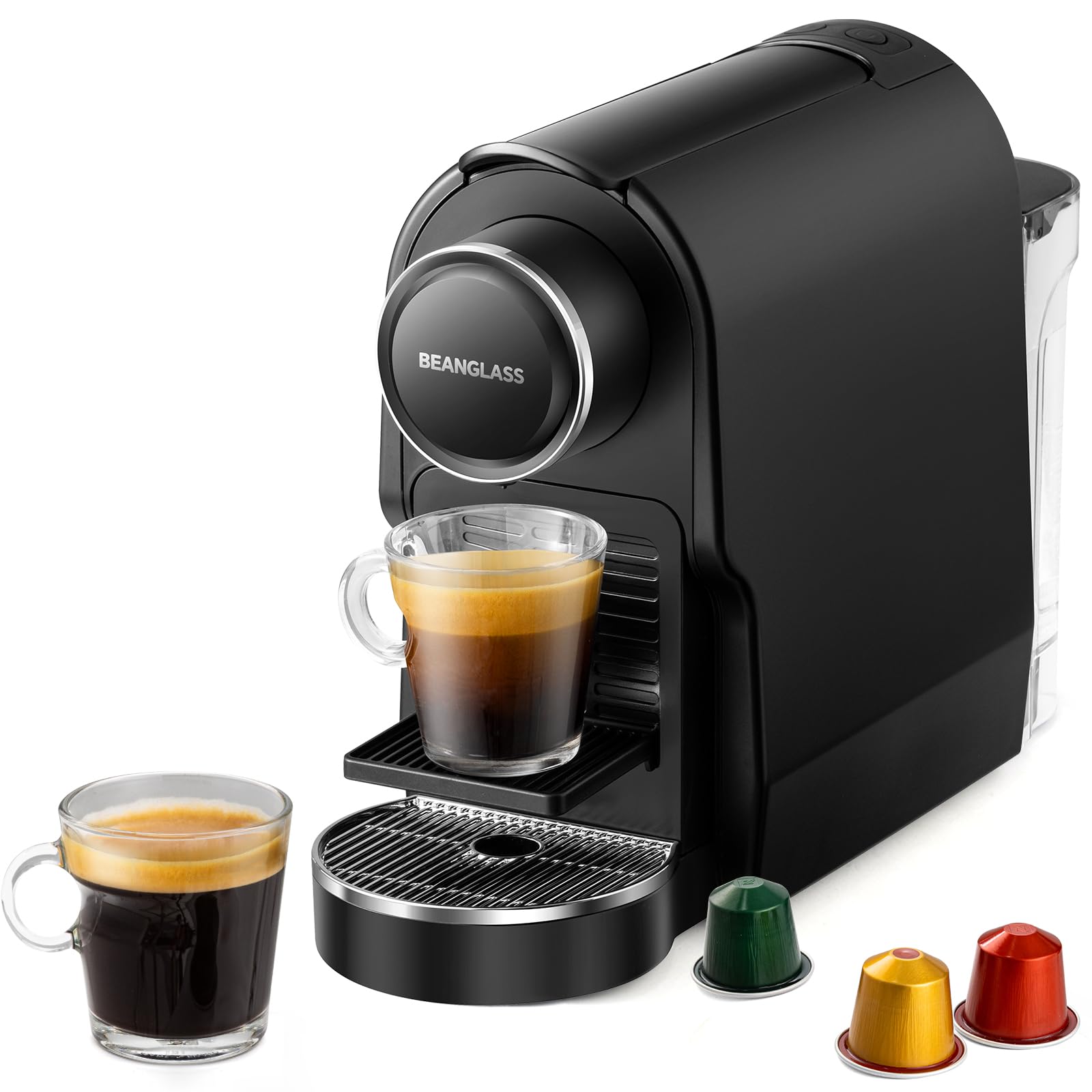 beanglass Espresso Pod Machine Compatible with NS Original Capsules, 20 Bar Compact Coffee Maker with Removable Water Tank for Cappuccino, Latte, Black