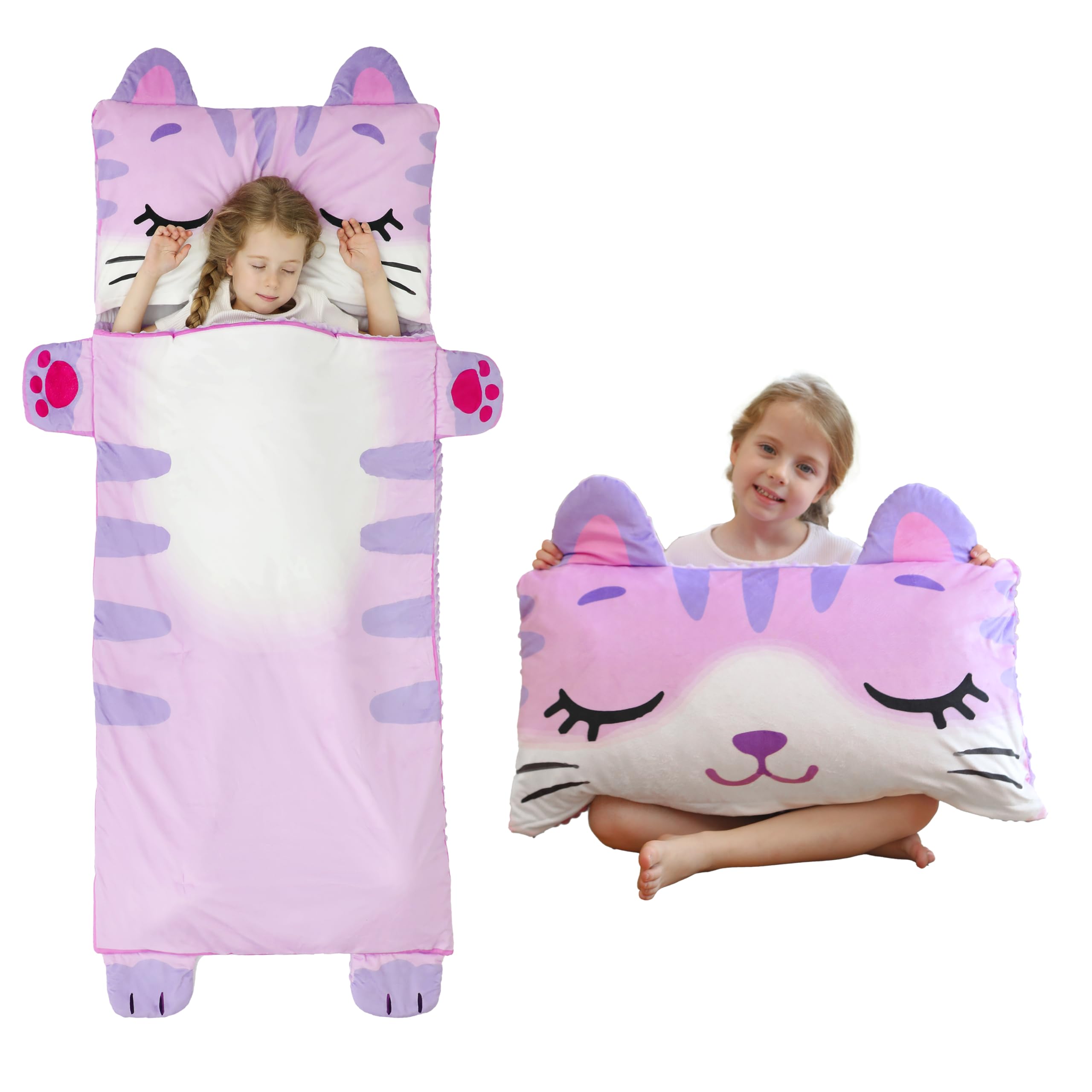 Rabtero Children Sleeping Bag, Toddlers Kids Nap Mat, Cartoon Cat Sleeping Mat for Daycare Preschool Kindergarten, Girls Boys Slumber Bag, Pillow, Blanket 3 in 1