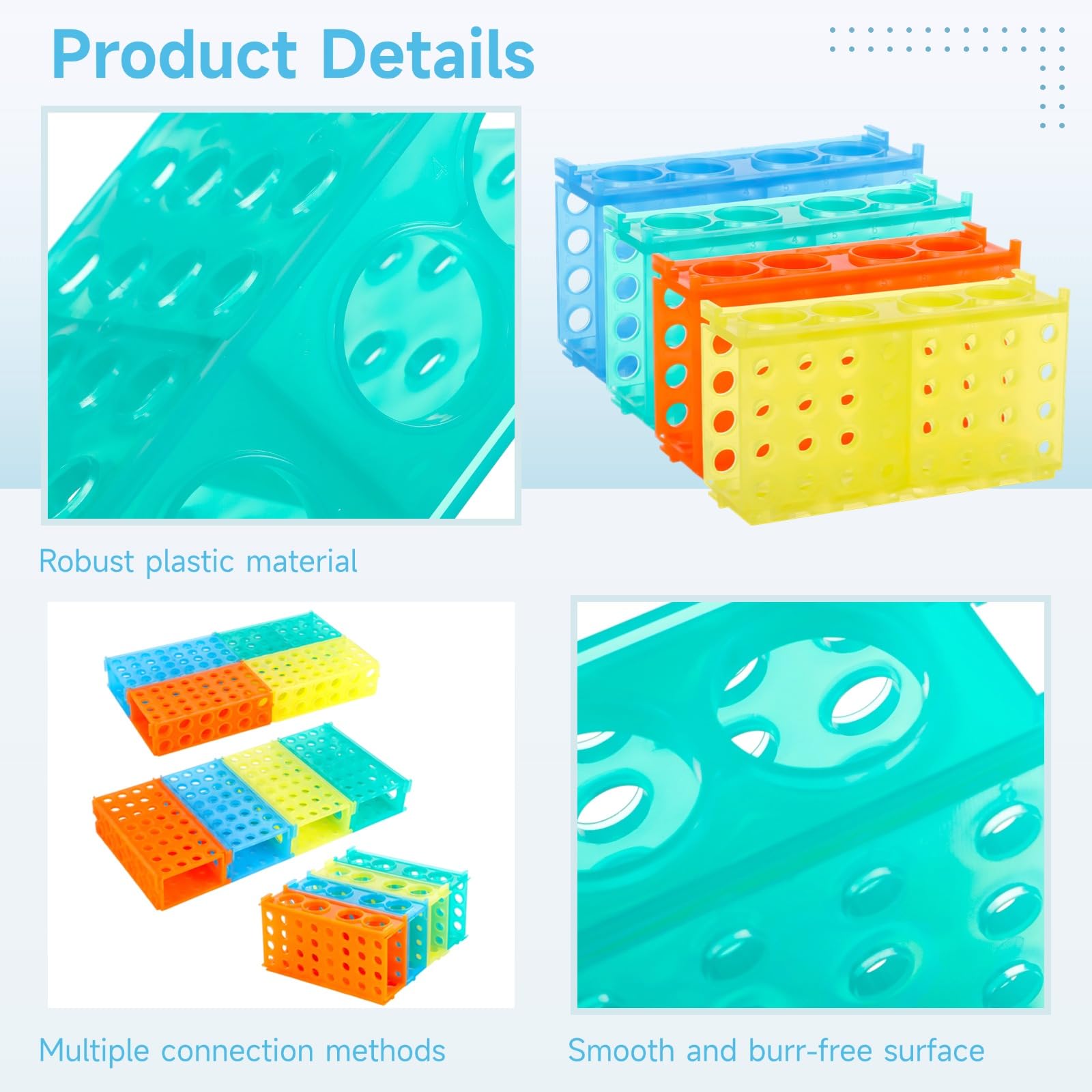 8 Pcs Test Tube Holders, 4-Way Interlocking Tube Racks for 0.5ml/ 1.5ml/ 10ml/ 15ml/ 50ml Centrifuge Tubes, Plastic Multi Tube Stands, Lab Experiment Supplies