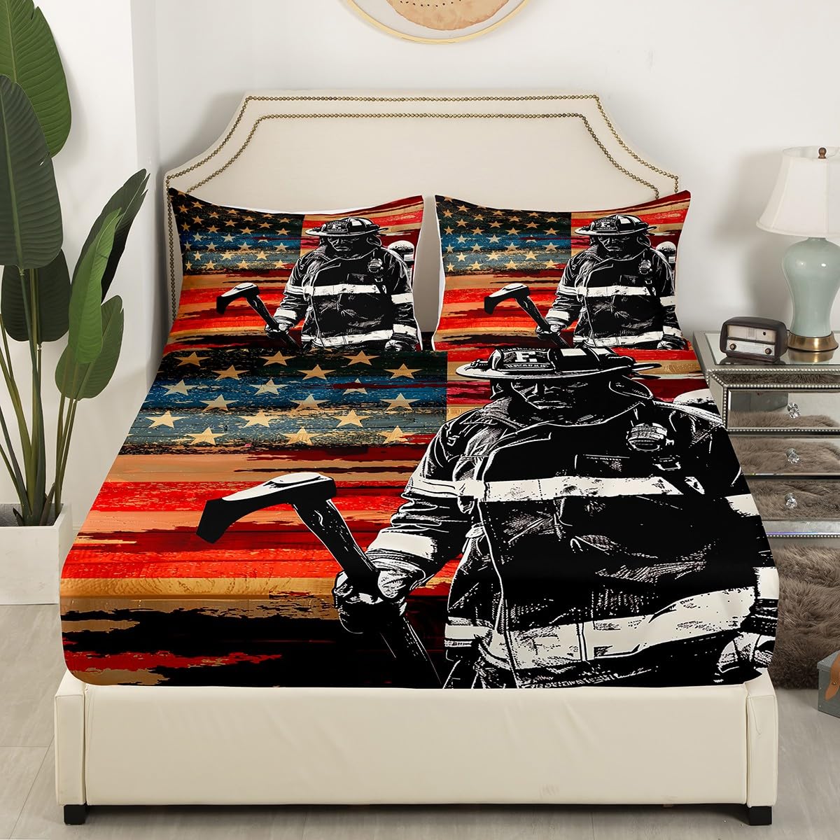 Firefighter Kids Sheet Queen Size,American Flag Retro Bedding Set,Boys Men Room Decor,Fireman Firefighting Theme Red Black Bed Sheet Set 4pcs(Fitted + Flat + 2 Pillowcases)