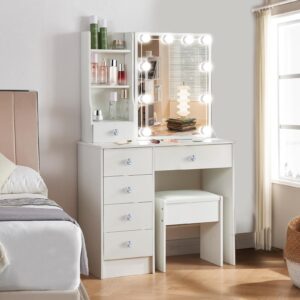 onesaimei White Vanity Set with Lighted Mirror, Women Girls Makeup Dressing Table for Bedroom with 4 Drawers and Cushioned Stool