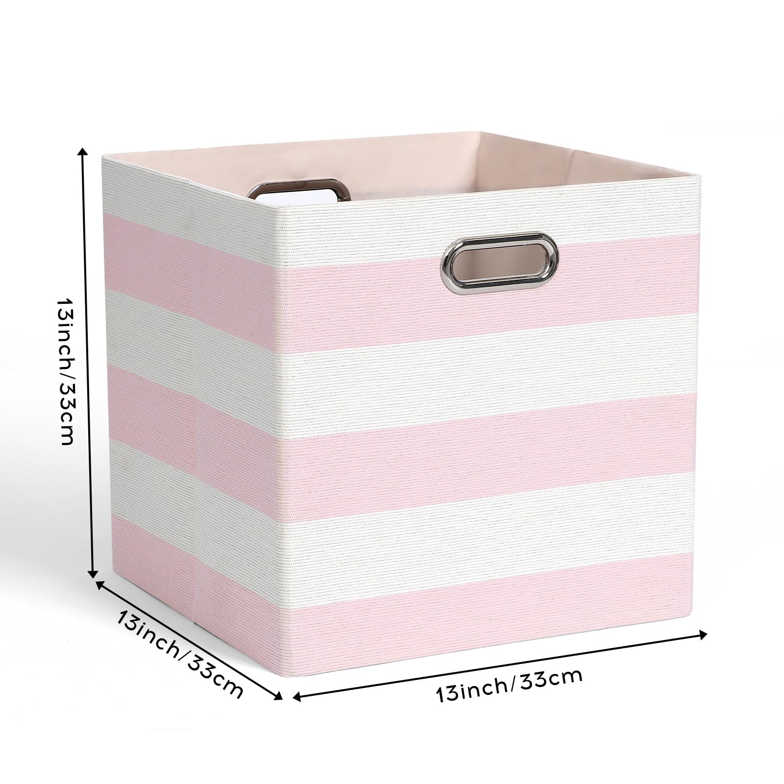 13x13 Collapsible Storage Bins, Cubby Storage Boxes with Handles for Organizing Shelf Closet, Offices, Home Decor, 4 Pack, Pink-white Stripes