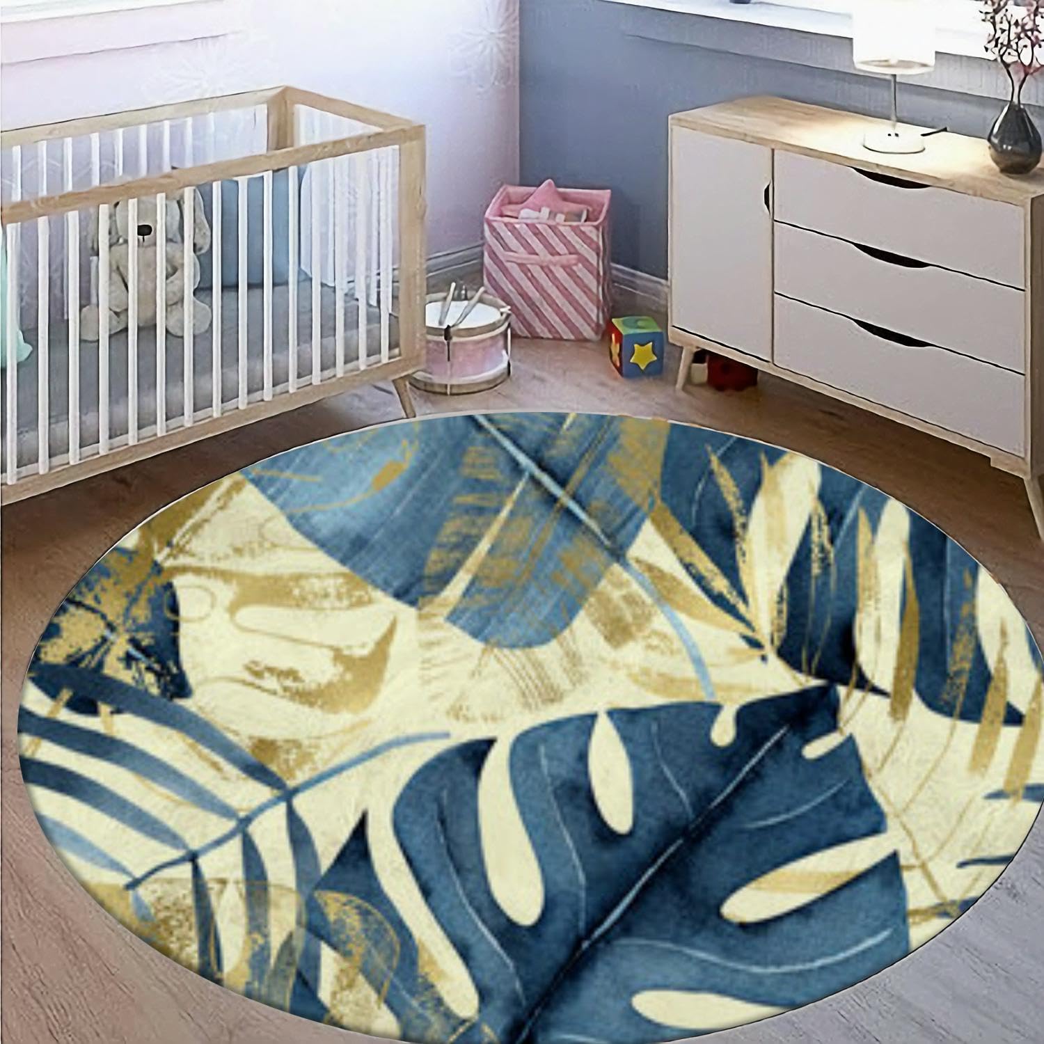 Round Rug 4ft for Kitchen Living Room Bedroom Dining Room Table Outdoor Entryway Washable Large Carpet Circular Circle Area Rug Watercolor navy blue and golden tropical leaves a light monstera palm