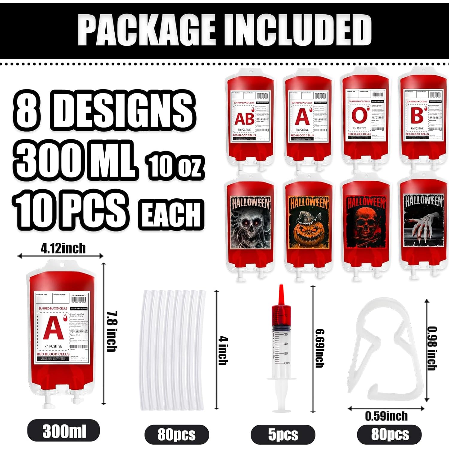 Garma 80 Packs Halloween Blood Bags for Drinks, 8 Design IV Bag Reusable Drink Pouches Containers Jello Shot Syringes and Clips Pouch Prop for Vampire Zombie Hospital Theme Party Supplies