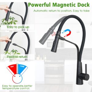 TRYWELL Kitchen Faucets with Side Sprayer Single Handle Pull Out Hose Magnetic Docking Faucet Stainless Steel Black Kitchen Sink Faucet Commercial Faucet (CW-118E-BK，Black)