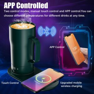 LEGARDLILIU Smart Self Heating Coffee Mug 18 Oz Temperature Control Heated Coffee Mug App Controlled Warmer Mug 5-10 Hour LED Display Keep Coffee Hot All Day Fast Wireless Charger Base Jade Green