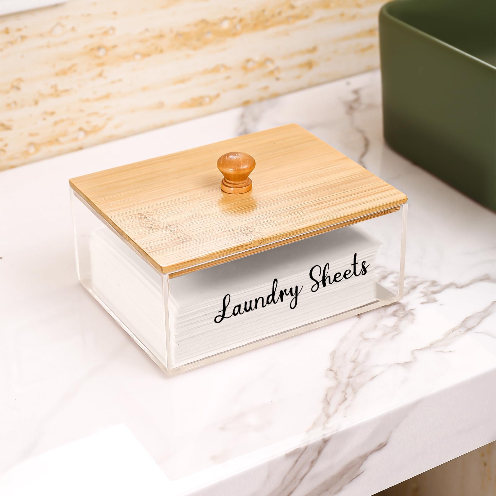 VOTLEVT Acrylic Laundry Sheet Holder with Bamboo Lid, Laundry Detergent Sheet Container/Holder/Dispenser, laundry Room Organization and Storage