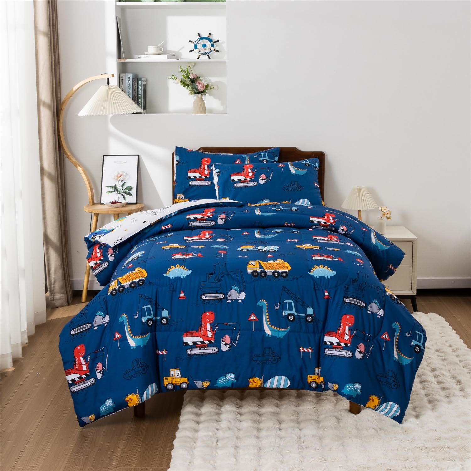 Meeting Story Construction Truck Car Twin Comforter Set for Boys,5 Pieces Dinosaur Bedding Set with Sheets and Pillowcases，Excavator Lightweight Microfiber Bedding Sets（Blue，Twin5pcs）