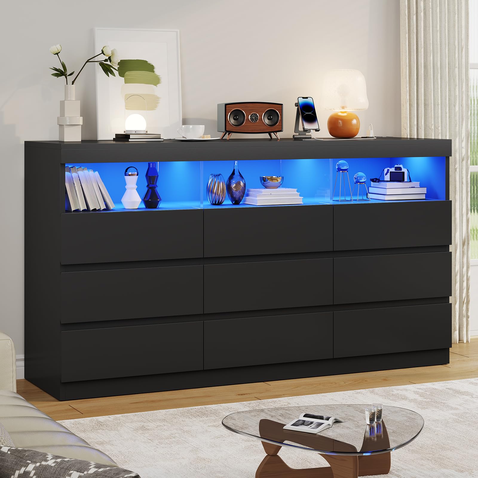 HAUOMS Black Dresser for Bedroom with LED Lights, Large Chest of Drawers Handle Free, Modern Long Dresser with 9 Drawers & Charging Station,for Living Room,Cloakroom,Entryway