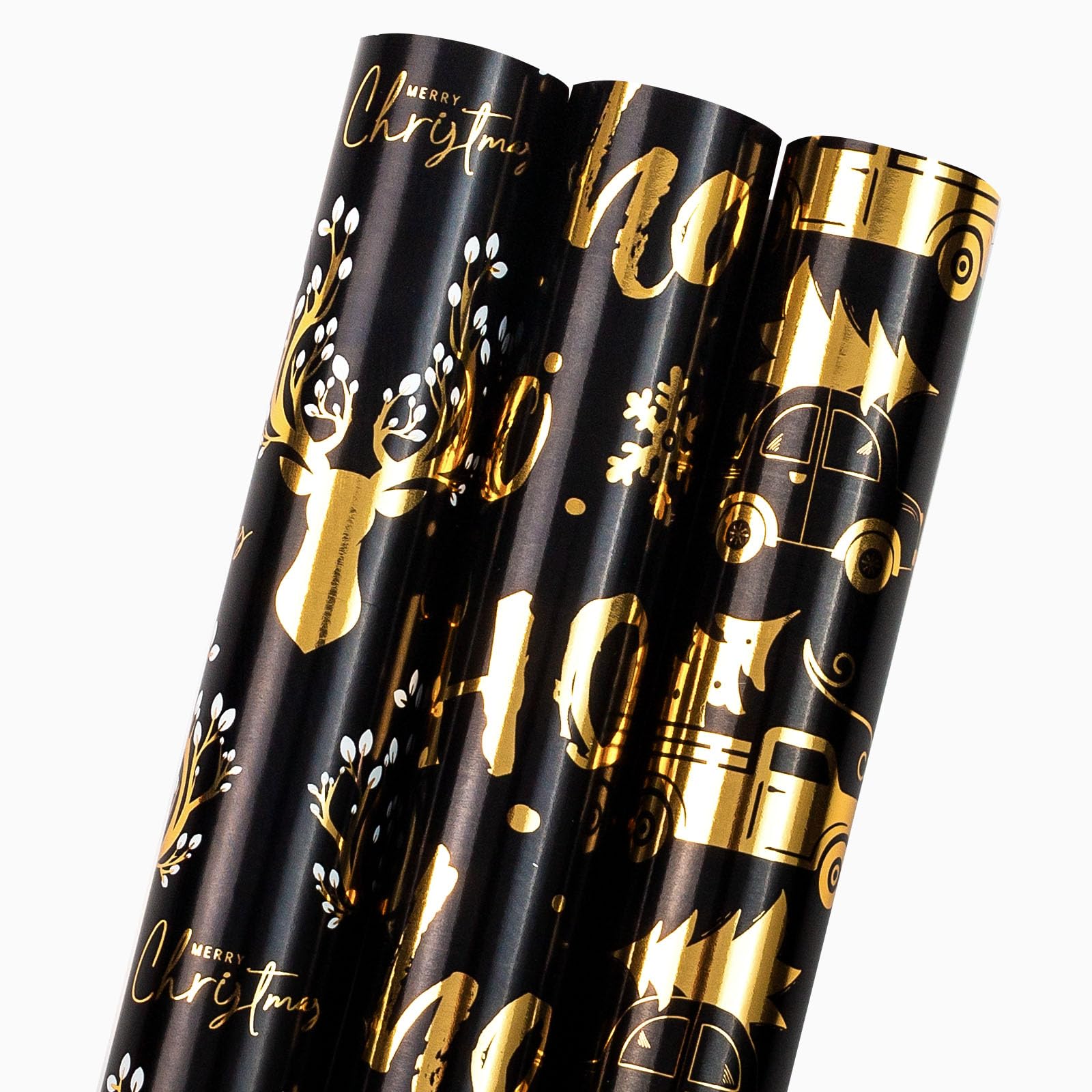 MIMUTI Christmas Wrapping Paper -Black and Gold Gift Wrapping Paper Roll with Cut Lines on Reverse, 17 in x 10 ft Christmas Wrapping Paper Rolls Elk, Ho and Car Design for Holiday, Chrsitmas, Party, Celebration