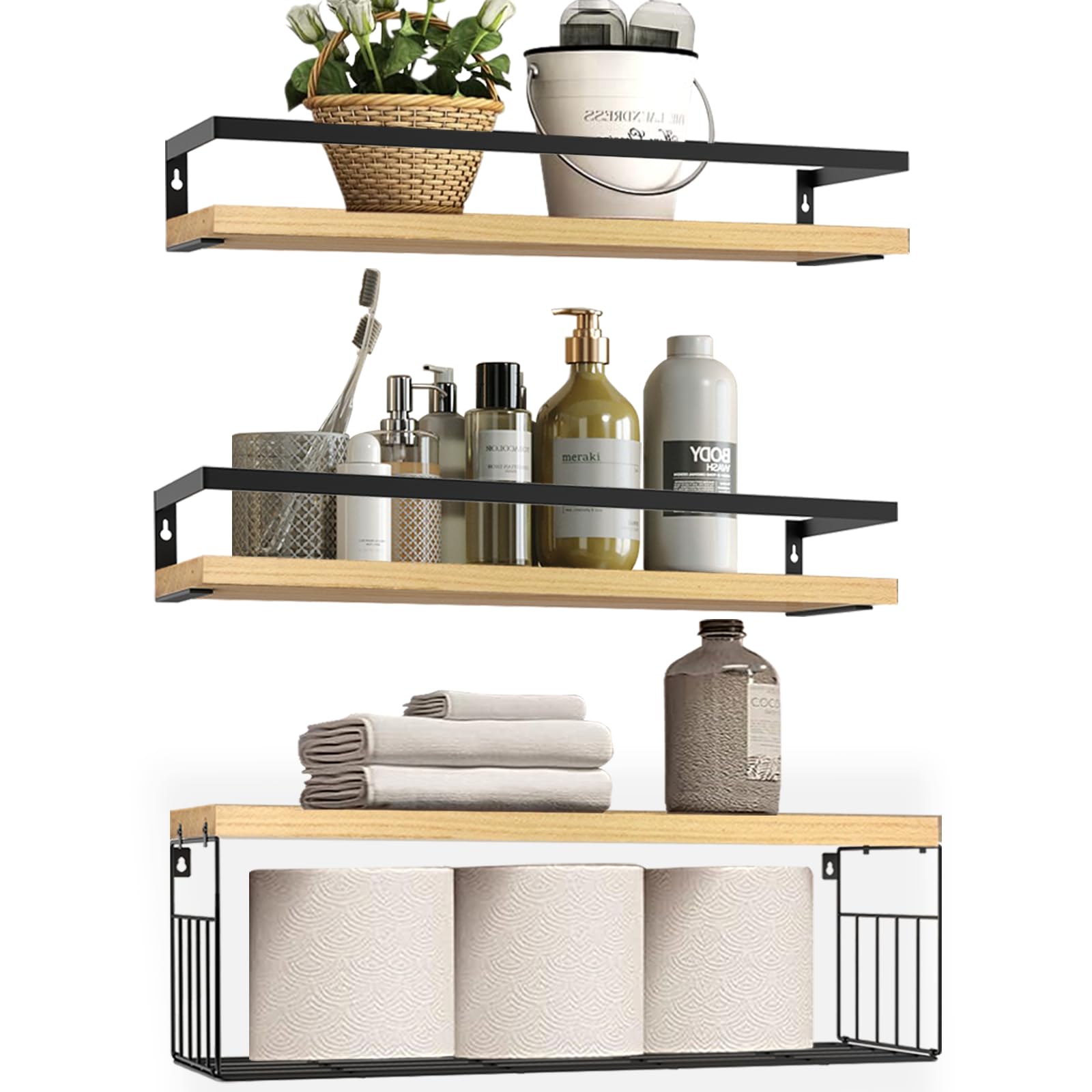 3 Set Bathroom Shelves Wall Mounted Over Toilet,Floating Shelves for Bathroom with Toilet Paper Storage Basket,Solid Wood Bathroom Wall Organizer with Metal Frame for Bathroom, Kitchen, Bedroom