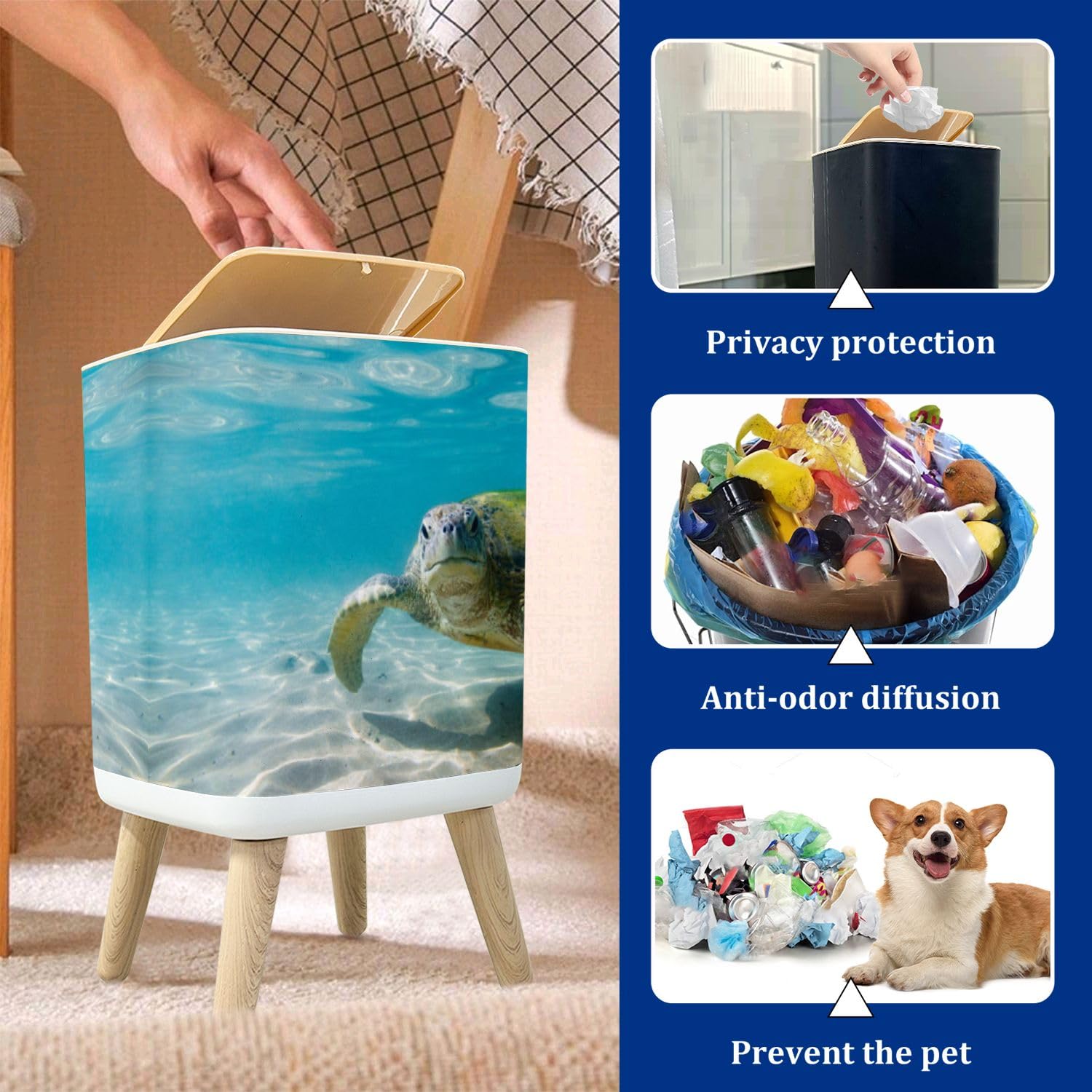 PHAIBHKERP Trash Can with Lid The Green sea Turtle Garbage Can Rectangular Waste Bin Press Cover Dog Proof Wastebasket for Kitchen Bathroom Living Room Nursery