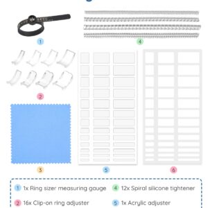 Ring Sizer Adjuster for Loose Rings, 187 Piece Ring Size Adjuster Set, w/16 Plug-in Invisible Ring Adjuster, 12 Spiral Silicone Tightener Set,Fit Any Rings,156 EVA Stickers w/Ring Size Measuring Tool