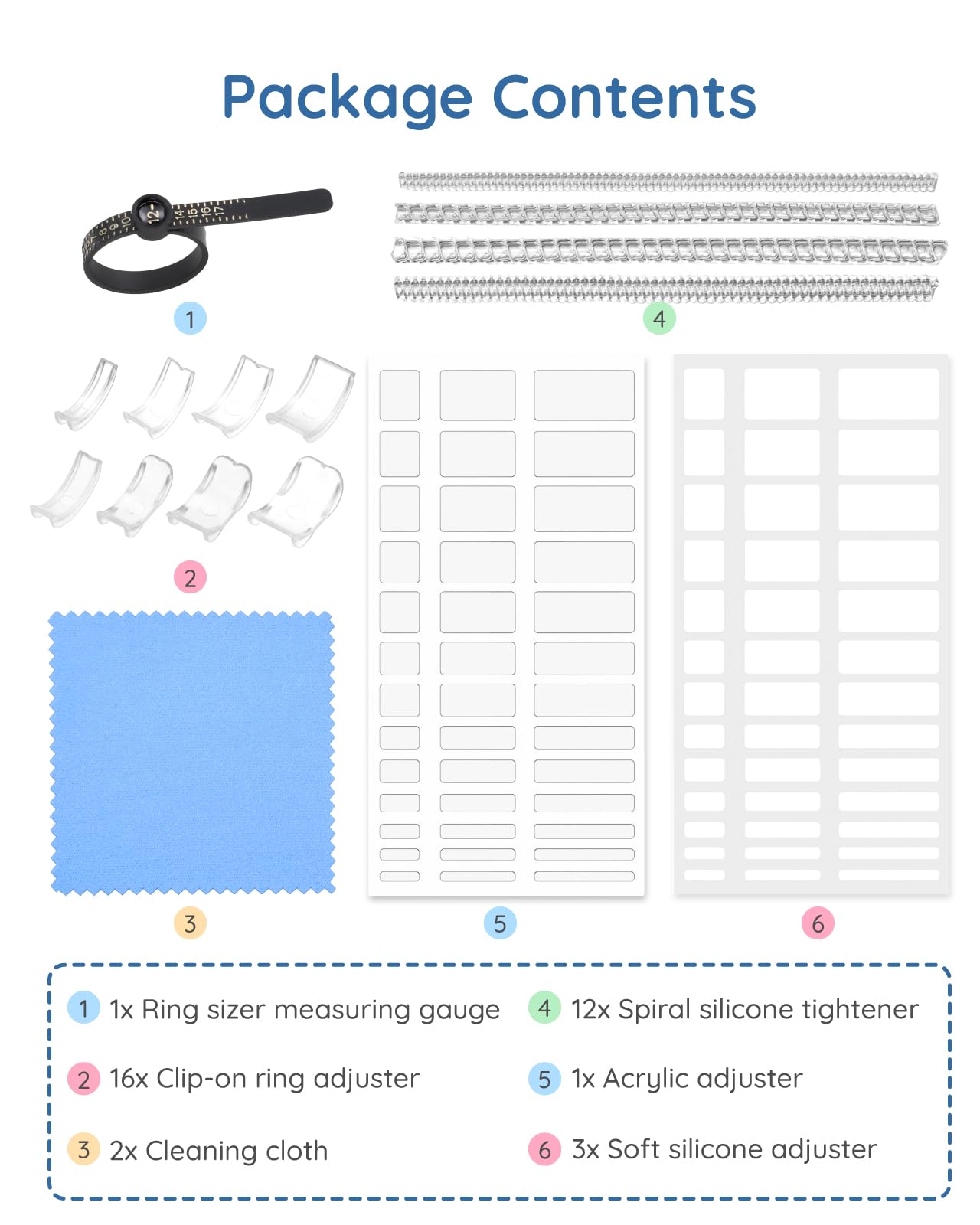 Ring Sizer Adjuster for Loose Rings, 187 Piece Ring Size Adjuster Set, w/16 Plug-in Invisible Ring Adjuster, 12 Spiral Silicone Tightener Set,Fit Any Rings,156 EVA Stickers w/Ring Size Measuring Tool