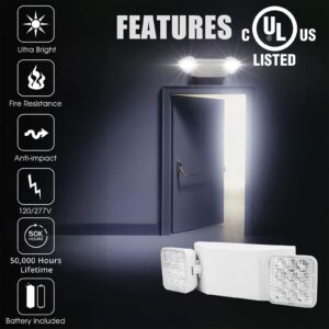 AKT LIGHTING Commercial Emergency Light, UL Certified, White Emergency Light Fixture with 2 LED Square Heads Adjustable & Backup Batteries Exit Lighting