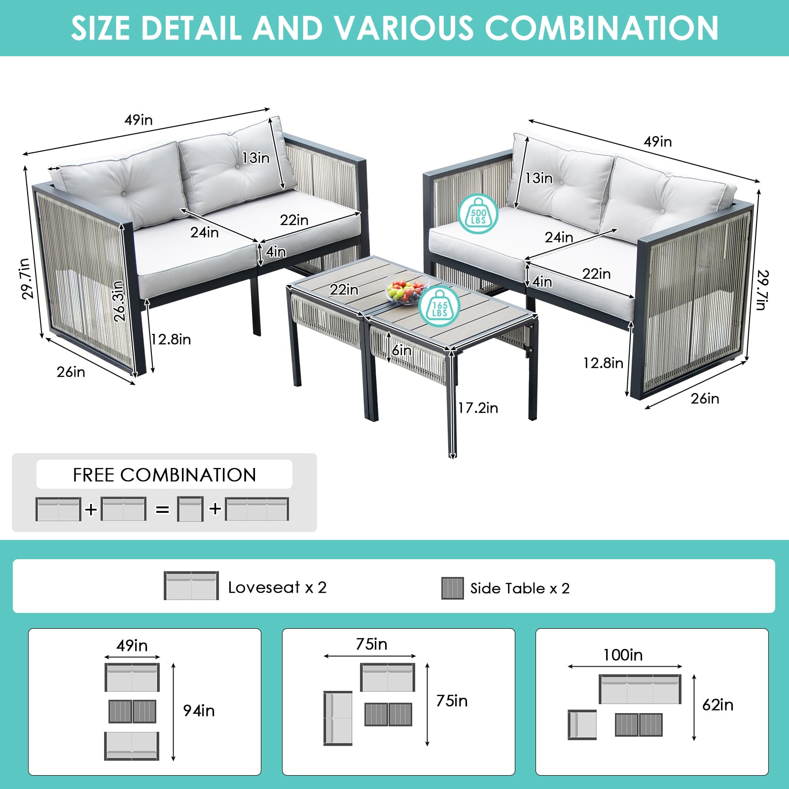 RADIATA PE Wicker Patio Furniture Set, Modern Outdoor All-Weather Rattan Sofa Sectional Set with 4'' Thick Cushions and Ottomans for Backyard Garden Living Room