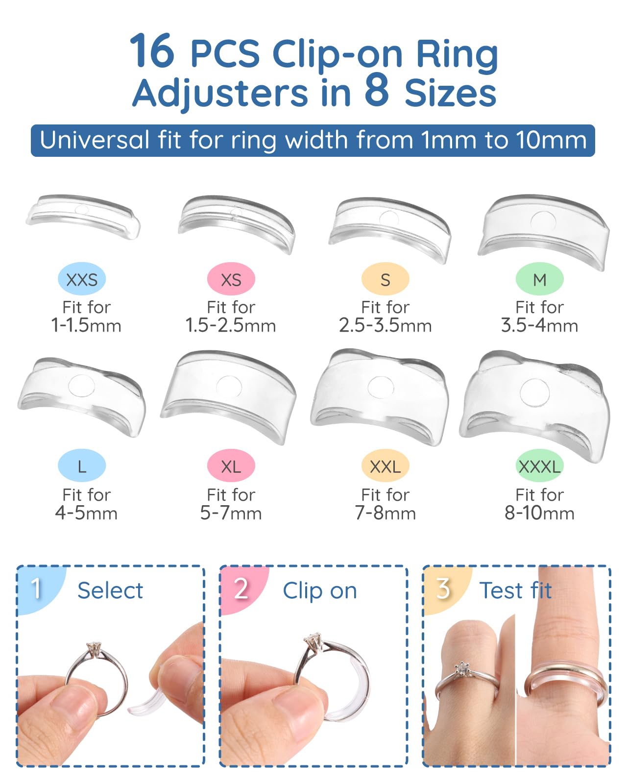 Ring Sizer Adjuster for Loose Rings, 187 Piece Ring Size Adjuster Set, w/16 Plug-in Invisible Ring Adjuster, 12 Spiral Silicone Tightener Set,Fit Any Rings,156 EVA Stickers w/Ring Size Measuring Tool