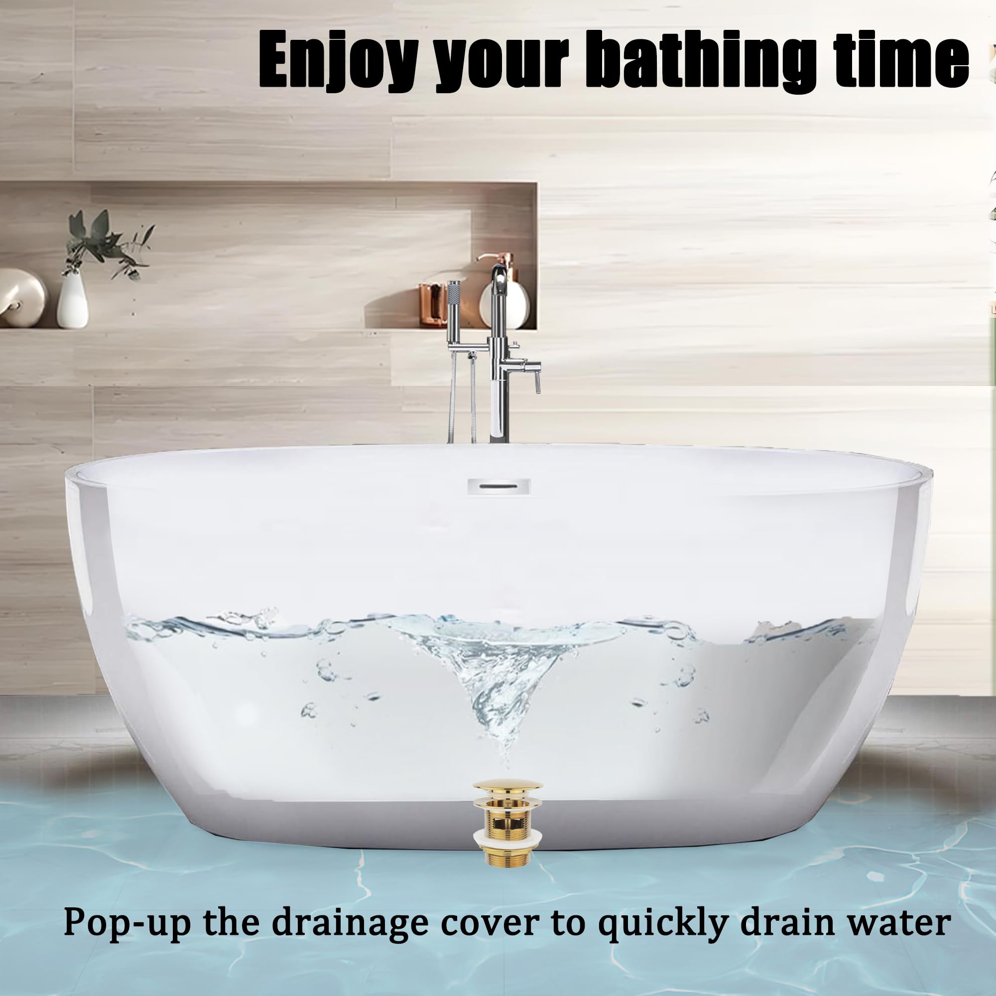 Freestanding Tub Drain (Brass), Pop-Up Bathtub Drain Kit, Detachable Drain Cover That Can Be Filtered, Easy to Clean, Suitable for Freestanding Bathtub Drain Kit, with Replaceable Pop-Up Bolt (Gold)