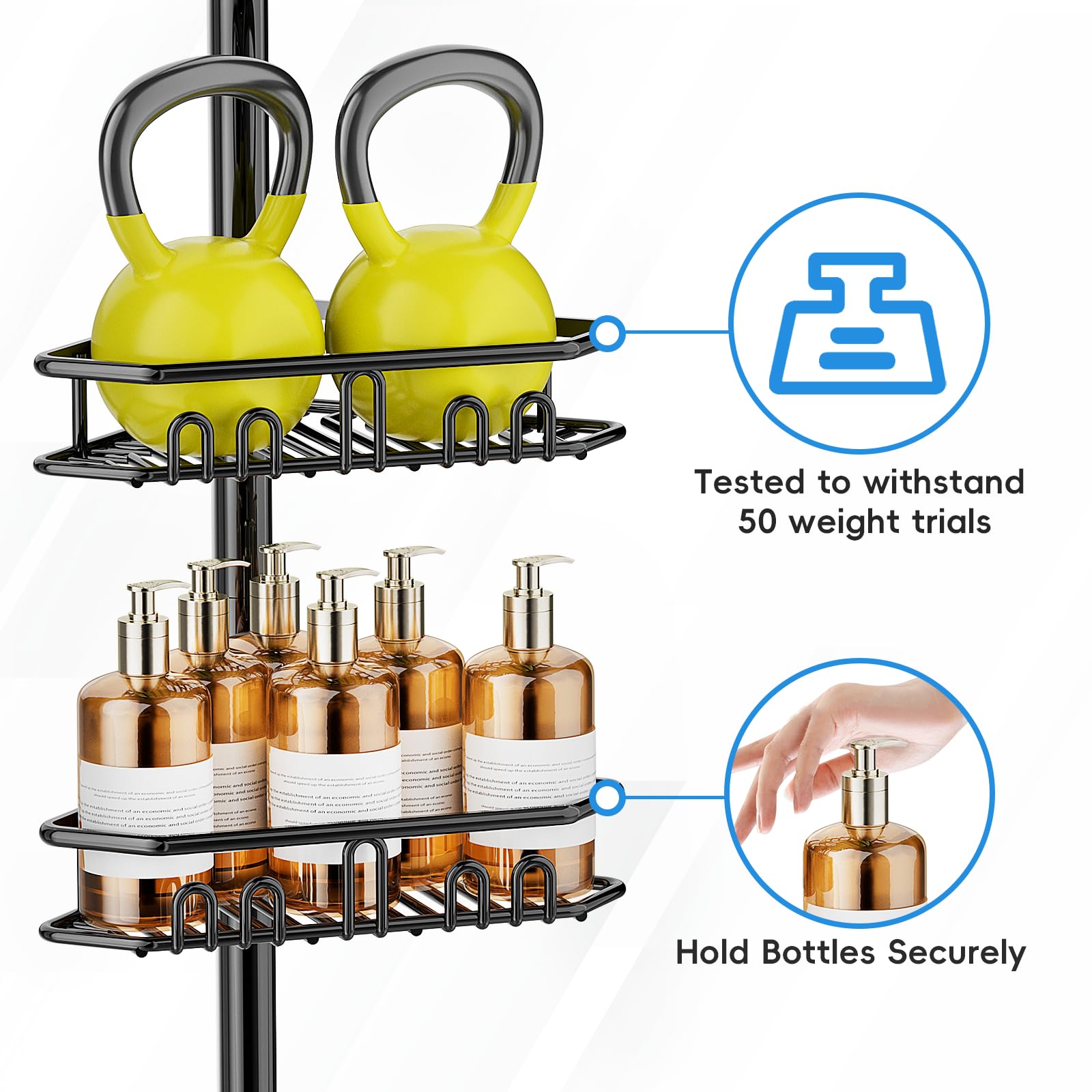 Yaonunoon Corner Shower Caddy Tension Pole- 4-Tier Adjustable Rustproof bathroom shower organizer- 62-115 Inch - 2024 New Adjustable Bathtub Organizer Shelves