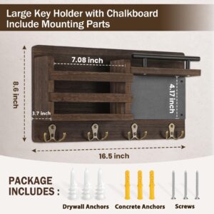 Lucundm Key Holder for Wall, Mail Holder Organizer Wall Mount with Chalkboard and Shelf, Key Hanger Rack with 4 Dual Hooks for Coat Dog Leash, Farmhouse Entryway Decor (Brown)