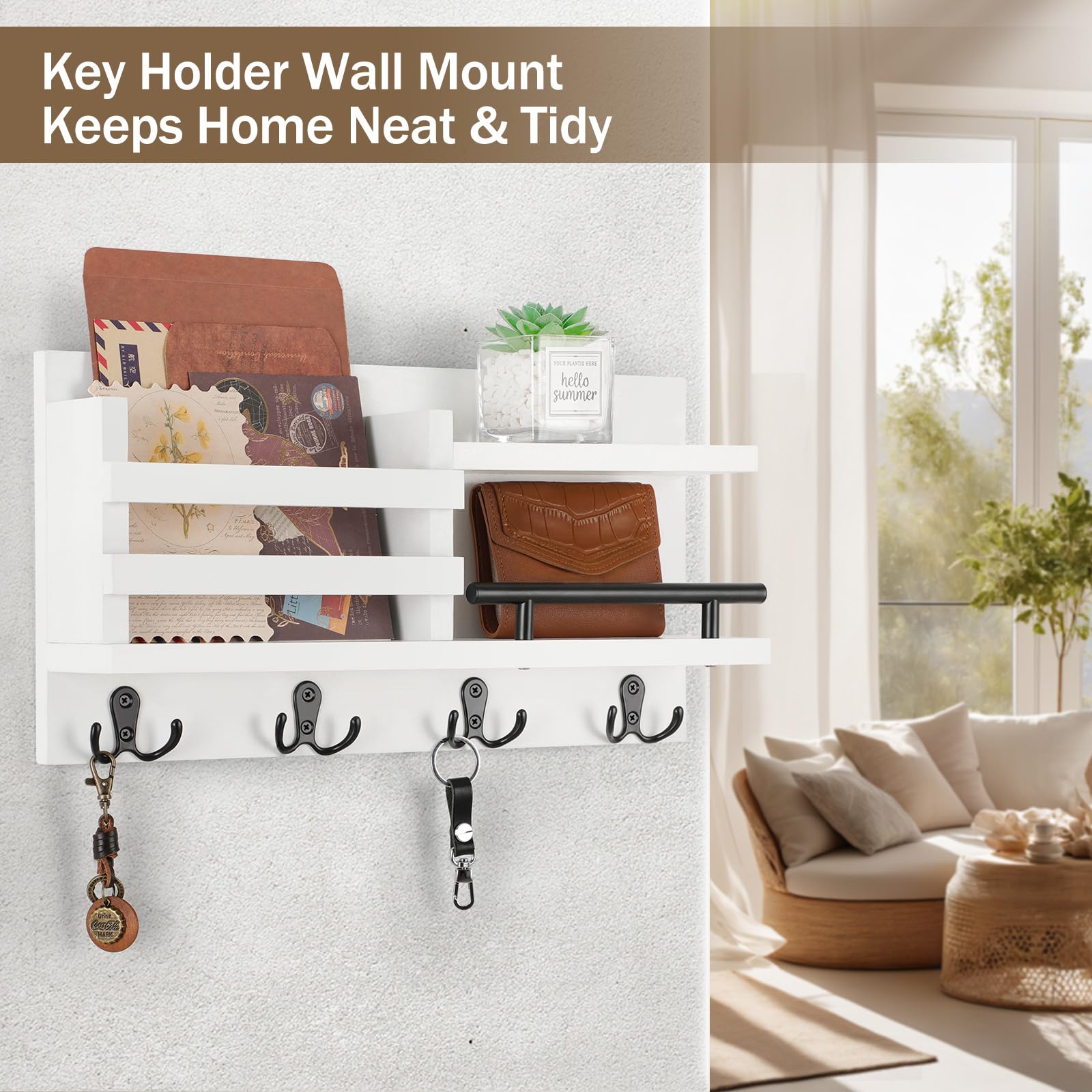 Lucundm Key and Mail Holder for Wall, Key Holder Wall Mount with Shelf and 4 Anchor Key Hooks, Rustic Key Hanger for Farmhouse Entryway Decor (White)