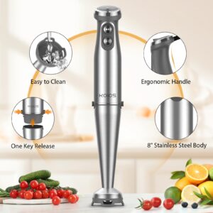 KOIOS Immersion Blender, 1000W Anti-scratch 5-in-1 Hand Blender, 12 Speed Stick Blender Stainless Steel Blade with Turbo Mode, 20oz Beaker, 17oz Chopping Bowl, Whisk and Milk Frother, Non-BPA