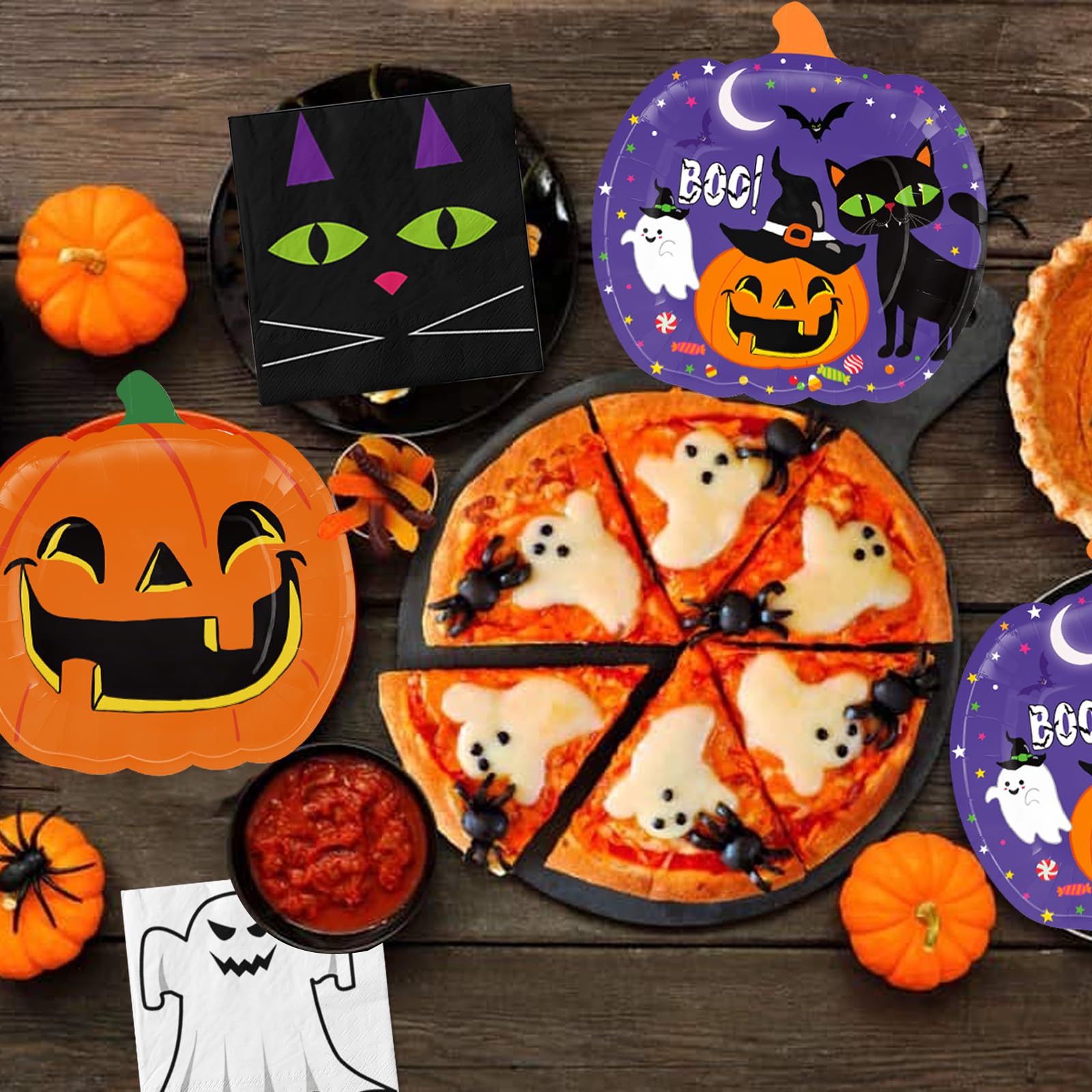 LINHAXM 120 PCS Halloween Party Supplies Halloween Pumpkin Shaped Disposable Plates Napkins Cups for Halloween Holiday Birthday Baby Shower Party Decorations