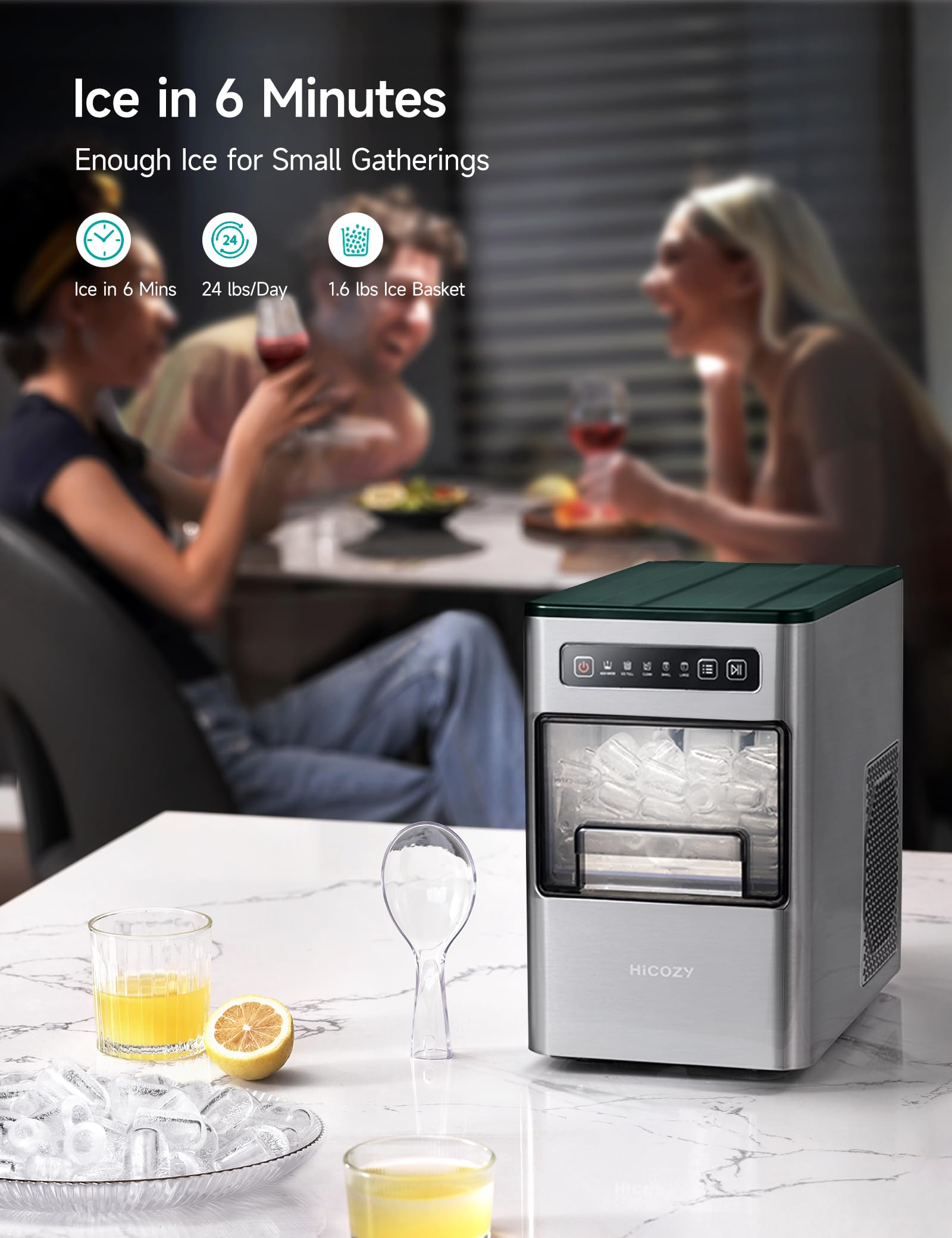 HiCOZY Countertop Ice Maker, Ice in 6 Mins, 24 lbs/Day, Portable & Compact Gift with Self-Cleaning, for Apartment/Cabinet/Kitchen/Office/Camping/RV（Gray Green）