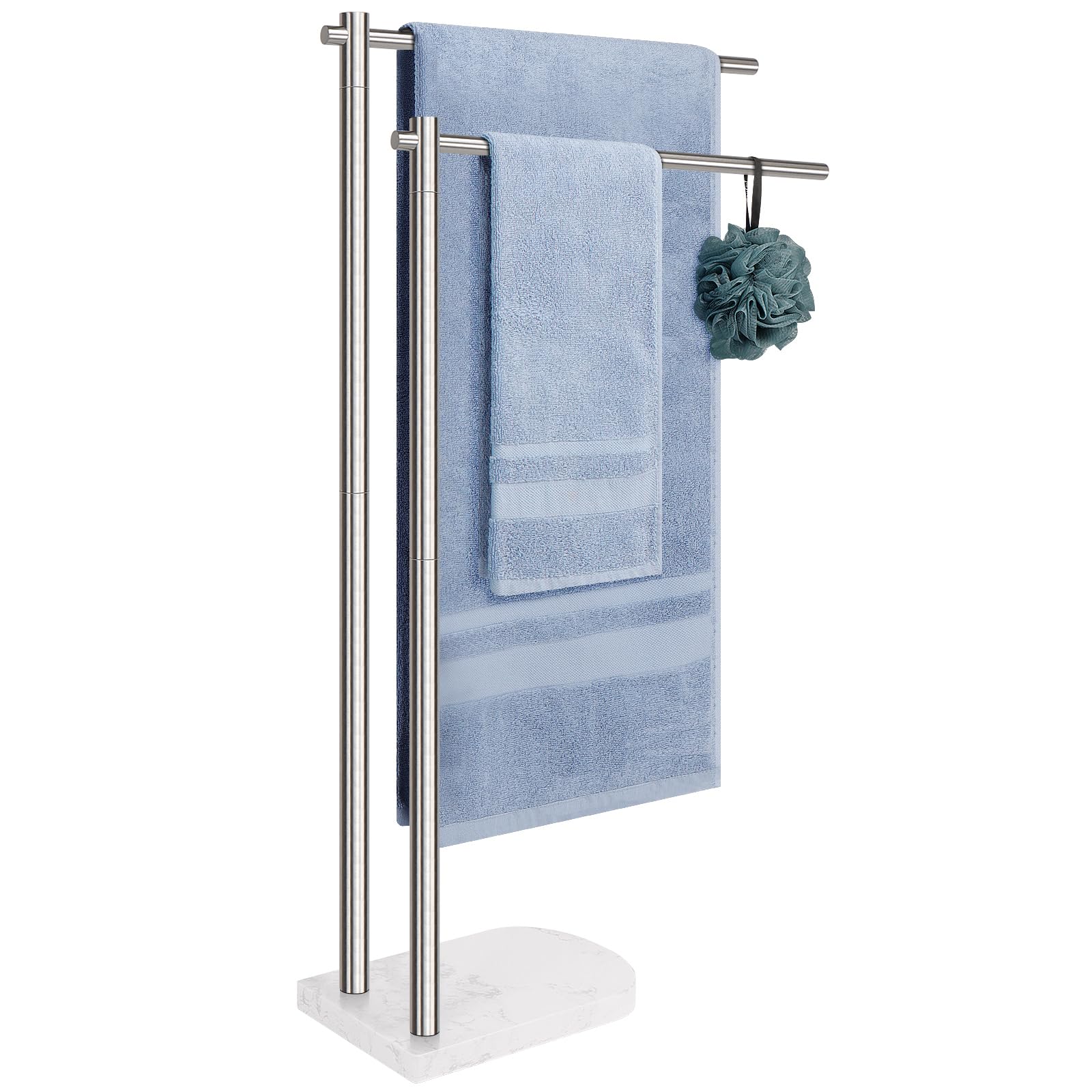 Livabber Standing Towel Rack, 304 Stainless Steel 2-Tier Towel Holder Stand with Marble Base, Modern Stylish Tall Shower Towel Rack for Bathroom Accessories, Pool（Brushed Nickel）