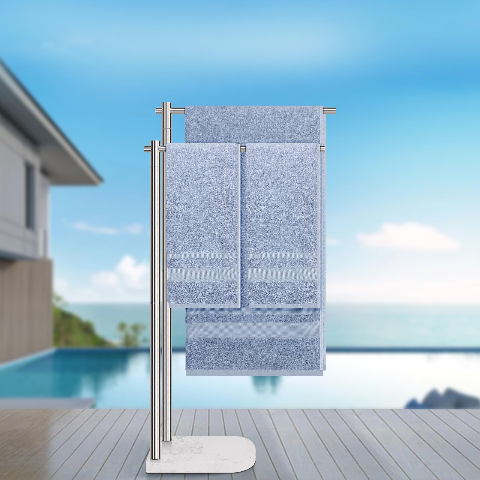 Livabber Standing Towel Rack, 304 Stainless Steel 2-Tier Towel Holder Stand with Marble Base, Modern Stylish Tall Shower Towel Rack for Bathroom Accessories, Pool（Brushed Nickel）